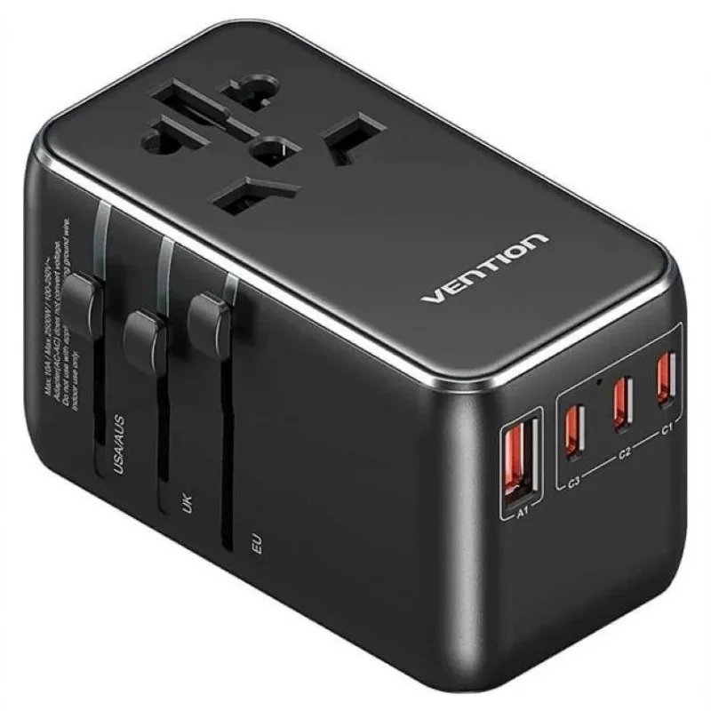 Caricabatterie Vention FJGB0 100W GaN con 3× USB-C e 1× USB-A, nero