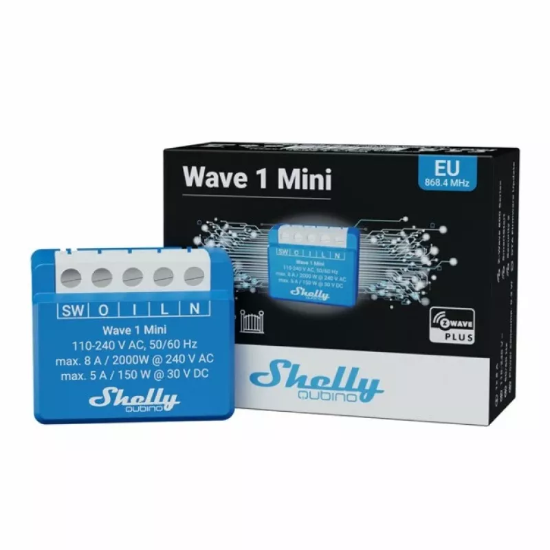 Relè smart Shelly Qubino Wave 1 Mini wireless 110–240V, 8A AC / 5A DC, 868,4 MHz, per interni, blu
