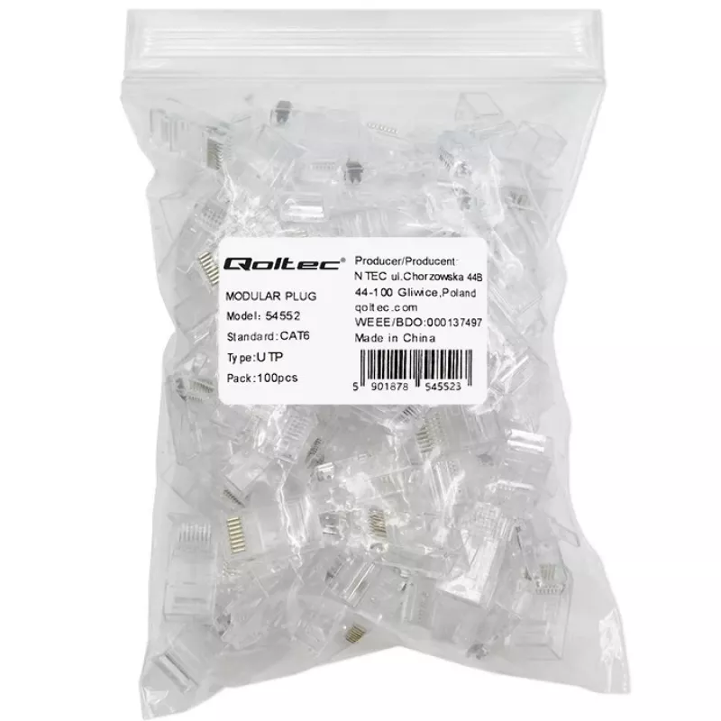 Connettore RJ45 modulare QOLTEC 54552 CAT6 UTP, confezione da 100 pz.