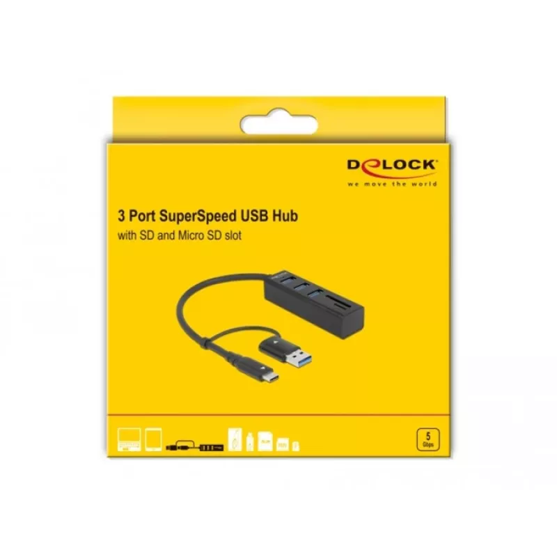 Hub USB 3.2 Gen 1 a 3 porte + lettore di schede SD e Micro SD con connettore USB Type-C o USB Type-A, hub USB