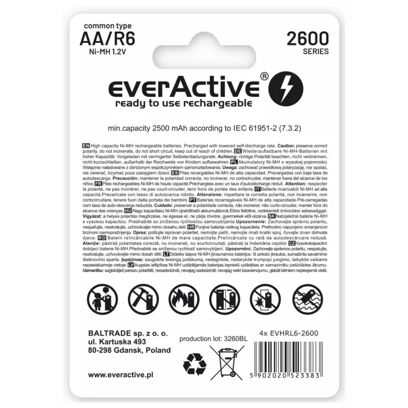 Batterie ricaricabili R6 AA 2600mAh EverActive Professional contenuto confezione 1x blister