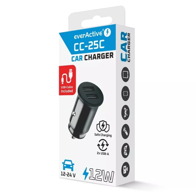 everActive CC-25C caricabatterie da auto, 2x USB 12 W, con cavo USB-C