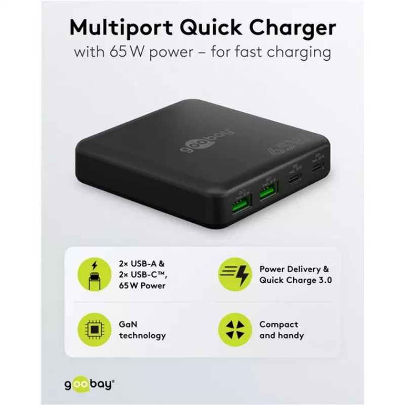GOOBAY Multiport USB-C PD GaN Caricabatterie da tavolo 65 W, nero