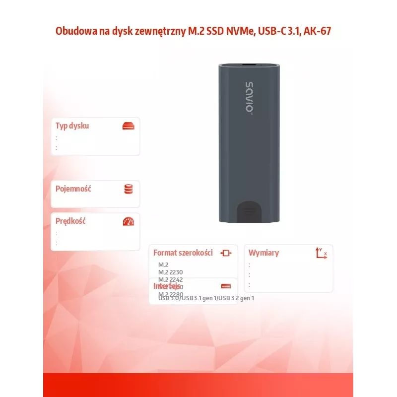 Case per SSD M.2 SAVIO AK-67 grigio, USB 10 Gbit/s, supporto per singolo drive M.2