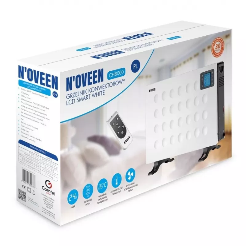 Convettore elettrico NOVEEN CH8000 — 2000 W, 3 livelli di potenza, timer, telecomando, bianco