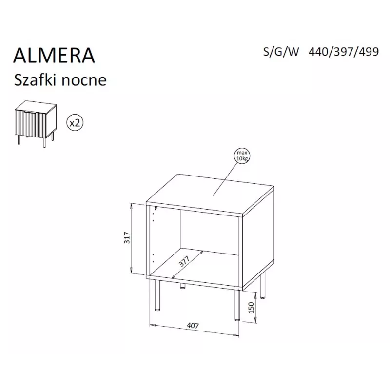 Comodino Cama Meble ALMERA 50x42x44 cm, 2 pz., noce/cashmere, MDF e truciolare