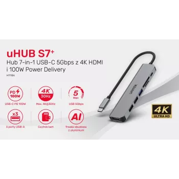 Hub USB-C Unitek 7in1 alluminio PD 100W 5 Gbps — adattatore multiporta con Power Delivery