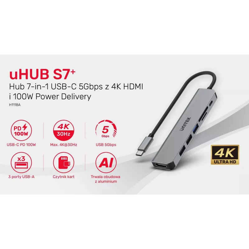 Hub USB-C Unitek 7in1 alluminio PD 100W 5 Gbps — adattatore multiporta con Power Delivery
