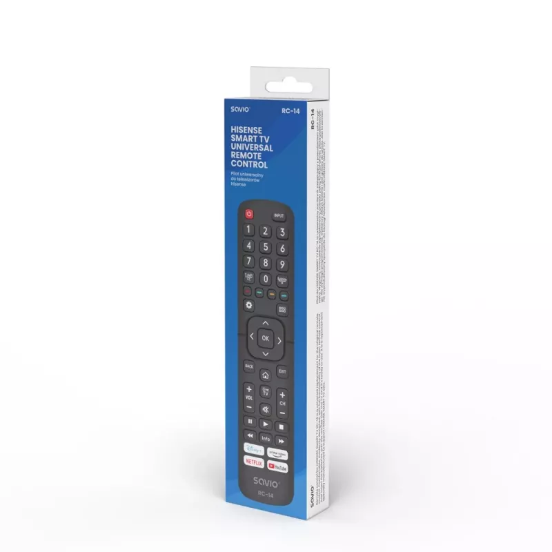 Telecomando universale SAVIO RC-14 per Hisense Smart TV, IR wireless, supporta 14 dispositivi, portata fino a 10 m, nero