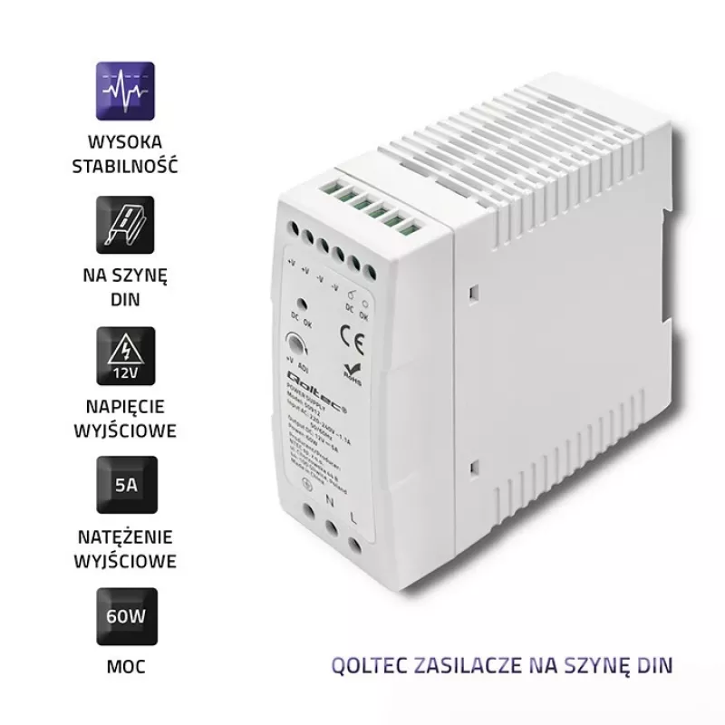 Qoltec Alimentatore per guida DIN | 60W | 12V | 5A | bianco | sottile