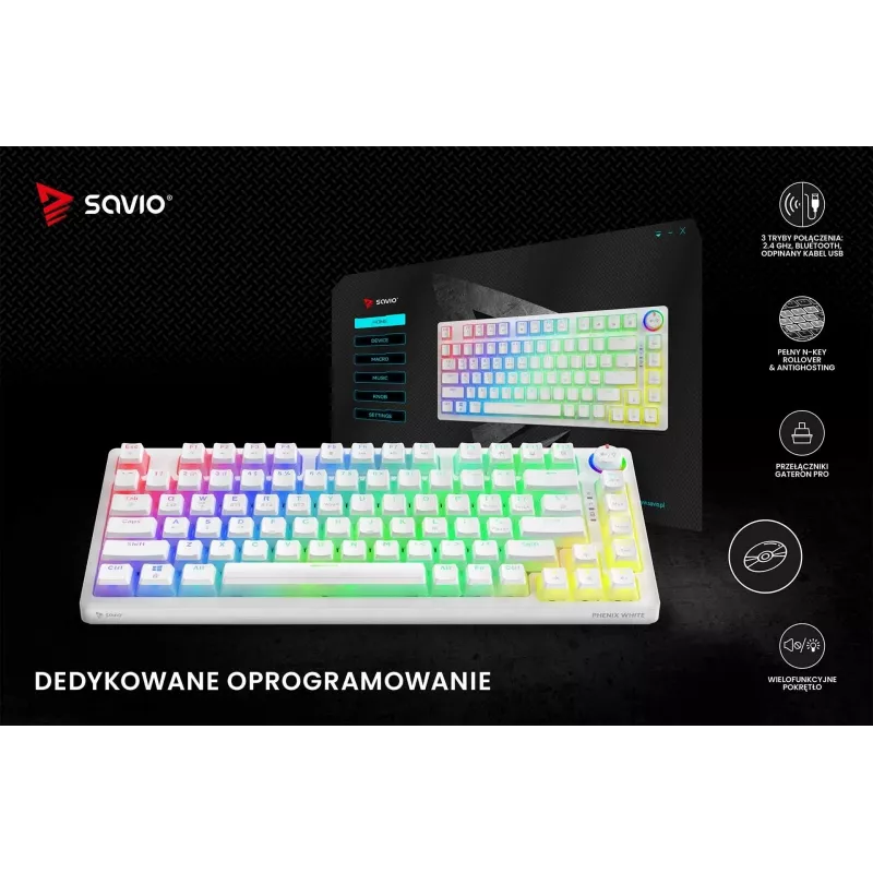 Tastiera gaming Savio Phenix WHITE GAT RED PUD con filo wireless USB Bluetooth RGB LED