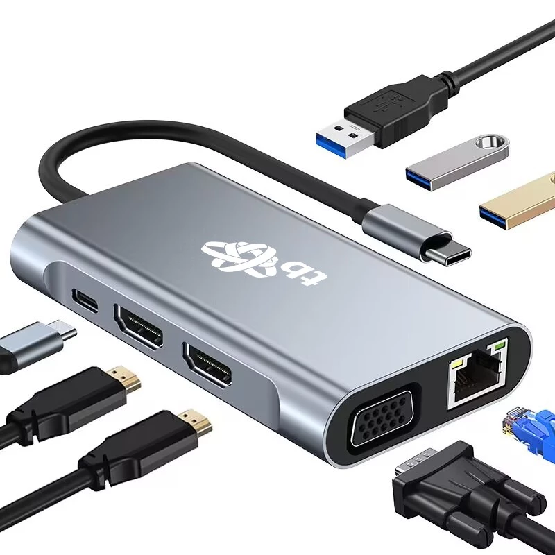 HUB 8in1 adattatore USB C HDMI x2 USB VGA RJ45 PD