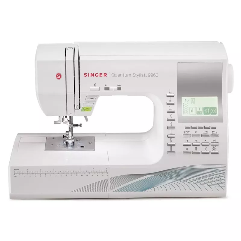 Macchina per cucire SINGER Quantum Stylist 9960 — 600 punti, 13 programmi automatici per asole, sistema a braccio libero