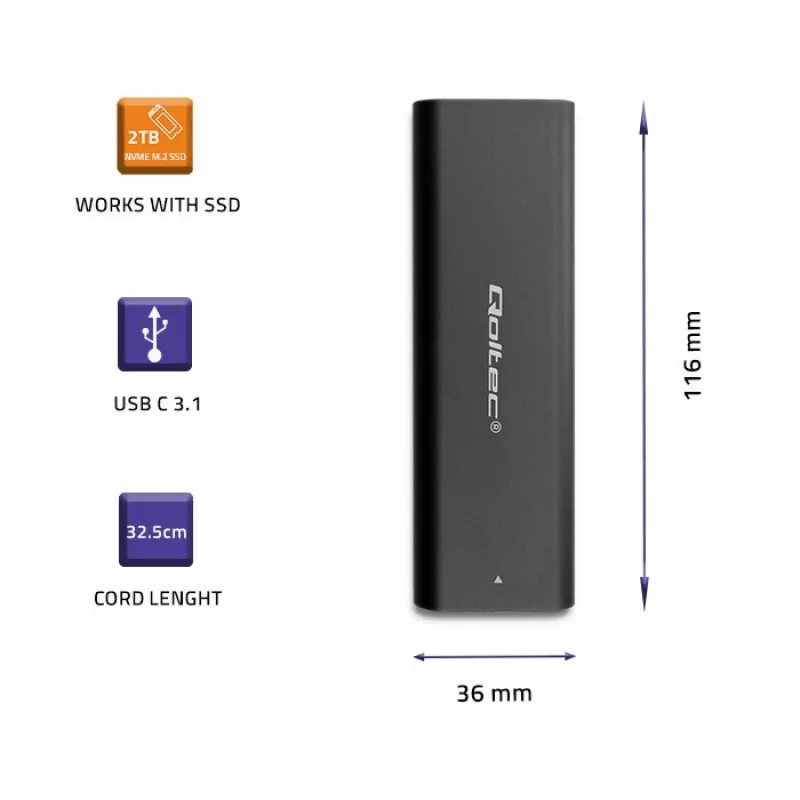 Qoltec 50312 contenitore per SSD M.2 NVMe, USB Type-C, nero