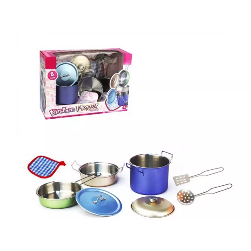 Set cucina in metallo 8 pezzi di Madej — pentole e utensili giocattolo in metallo, accessori per cucine giocattolo
