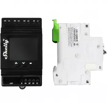 Modulo relè per guida DIN Shelly 4 canali Pro 4PM Wi‑Fi, 4 canali, AC 110–240 V, misura di potenza ed energia, montaggio DIN