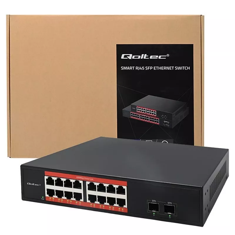 Switch di rete QOLTEC 52364 — Gigabit Ethernet PoE 16xRJ45, 2xSFP