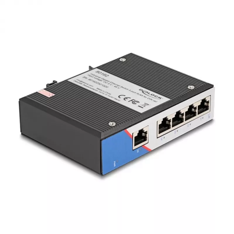 Switch Ethernet DELOCK 80162 — 5 porte Gigabit RJ45 per montaggio su guida DIN