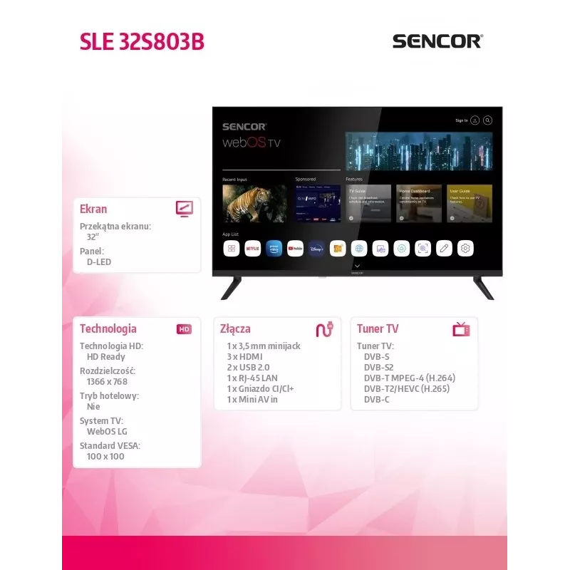 LED SMART TV SENCOR SLE 32S803B 32 pollici webOS HD 1366×768, HDR10, Wi‑Fi, Bluetooth, DVB‑T/T2/C/S/S2, 3×HDMI, 2×USB