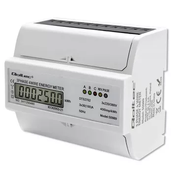 Contatore elettronico bidirezionale trifase Qoltec | Contatore di consumo energetico per guida DIN | 400V | 100A | LCD | 4P