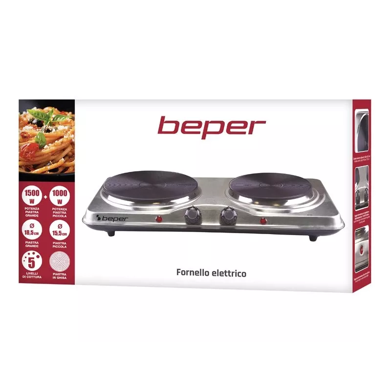 Piano cottura Beper 90.825 in acciaio inox, 2 zone, controllo manuale