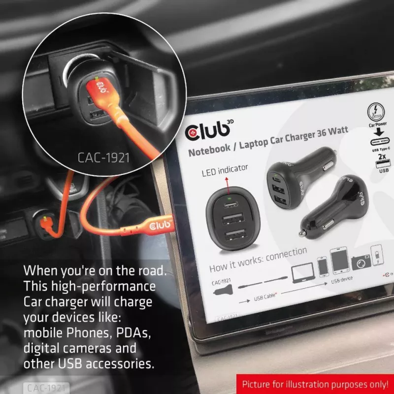 Caricabatterie da auto per notebook/laptop CLUB3D 36 Watt, auto, accendisigari, 24 V, nero