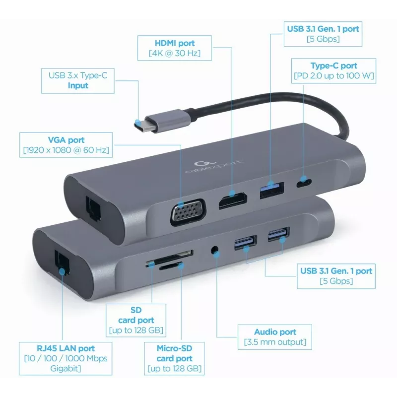 Gembird A-CM-COMBO7-01 Dock per notebook/replicatore di porte USB 3.2 Gen 1 (3.1 Gen 1) Type-A grigio