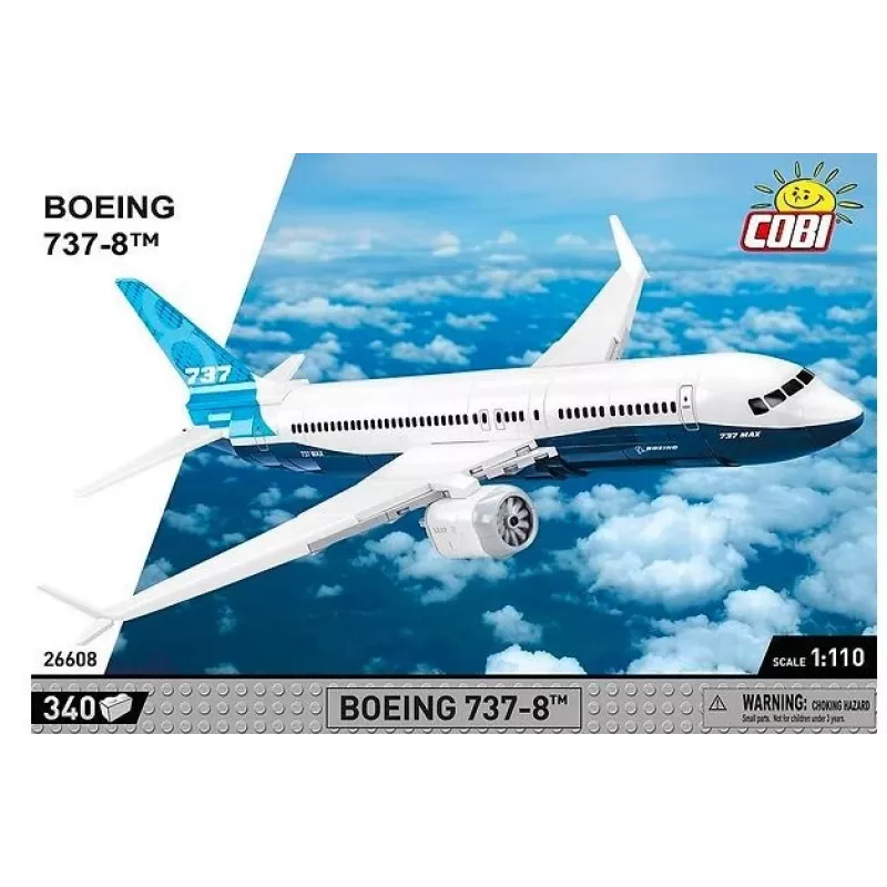 Set di costruzione Cobi Boeing 737-8 — 340 pezzi, età consigliata 7+, blu e bianco