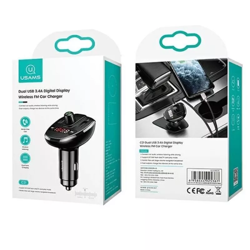 USAMS US-CC115 C21 Trasmettitore FM per auto con caricabatterie USB doppio, Bluetooth 5.0, 3,4 A, nero