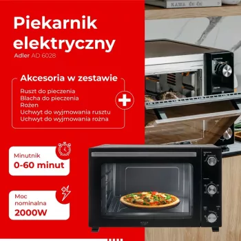 Forno elettrico Adler AD 6028 — 60 l, 2000 W, a libera installazione, manopole, rotisserie, max. 230 °C, nero