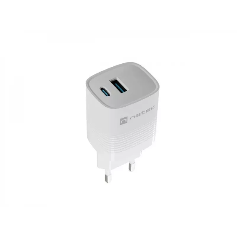 Caricabatterie con filo per dispositivi mobili NATEC NUC-2140, 30W, USB-C PD 3.0 + USB-A, Samsung AFC, bianco