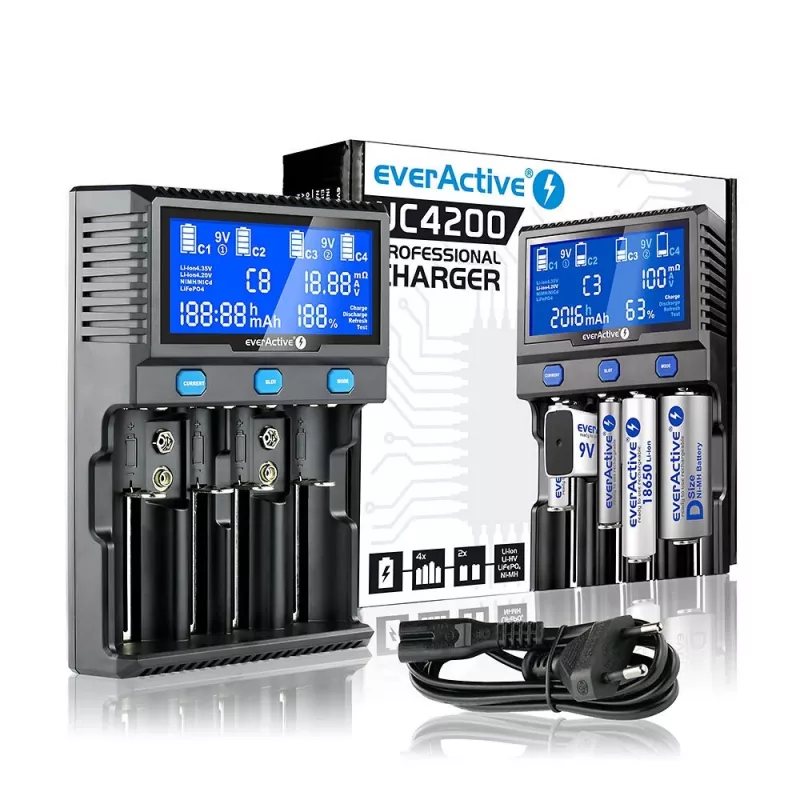 Caricabatterie everActive UC-4200 per batterie cilindriche Li-ion e Ni-MH