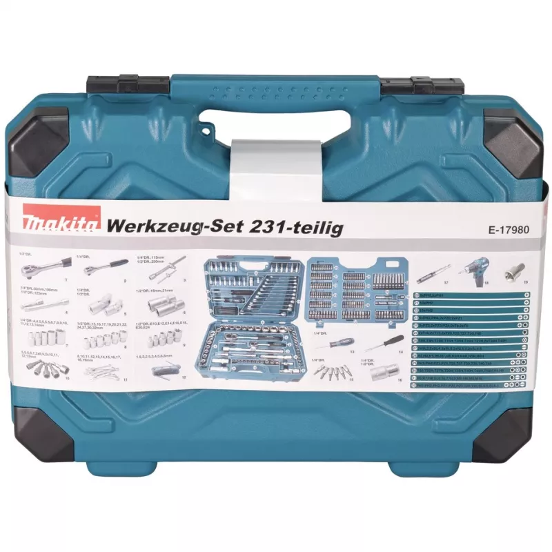 Set utensili manuali E-17980, 231 pezzi blu, con 2 cricchetti reversibili, 1/4 e 1/2, valigetta