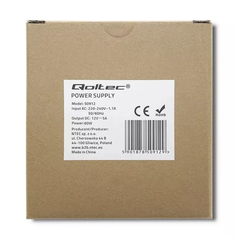 Qoltec Alimentatore per guida DIN | 60W | 12V | 5A | bianco | sottile