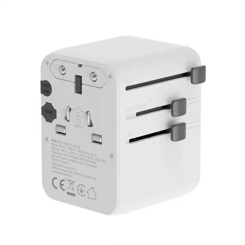 Gembird TPA-2A3C70-01-W adattatore da viaggio universale, 3x USB-C, 2x USB-A, 70 W, GaN, bianco