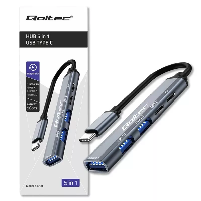 Qoltec 53790 hub adattatore USB-C 3.1 5in1 | USB-C PD | USB-C | 2x USB 2.0 | USB 3.0