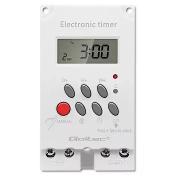 Timer elettronico per guida DIN QOLTEC PC0629 — alimentazione 24V, uscita 16A