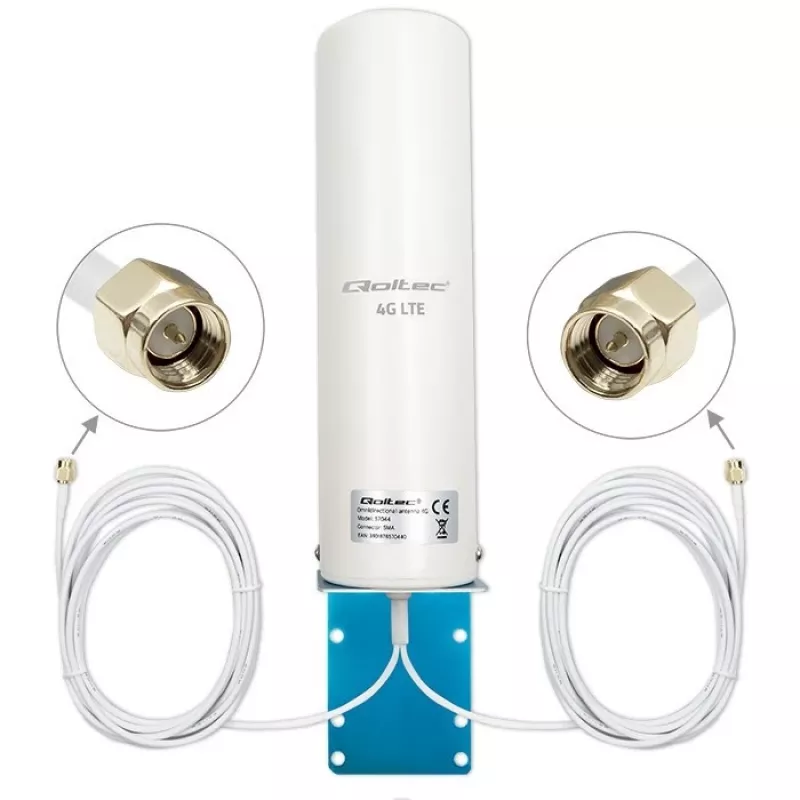 Antenna 4G LTE omnidirezionale per esterno QOLTEC 57044, 5 dBi, 600–2700 MHz, 50 W, 50 Ω, custodia in rame bianco