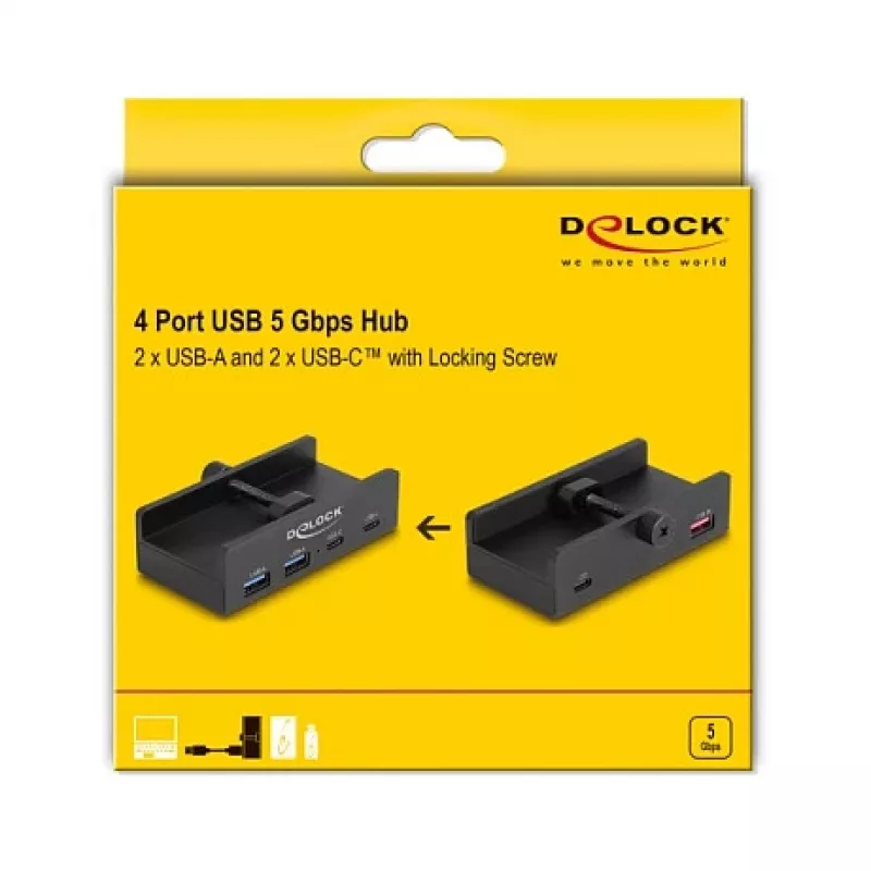 Delock 64262 Hub esterno USB 5 Gbps a 4 porte, 2x USB Type-A e 2x USB Type-C, con vite di bloccaggio