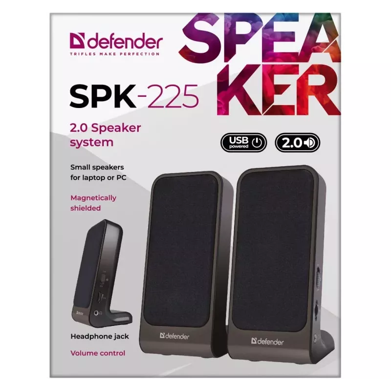 Diffusori DEFENDER SPK-225 2.0 con filo, 4 W RMS, USB/DC 5 V, 3,5 mm, nero