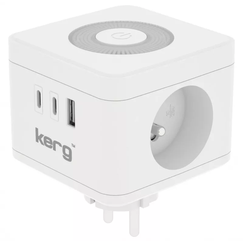 Ciabatta Kerg M02730 — 2 prese tipo F, 3 porte USB (USB-A + USB-C), 16 A 250 V~, cavo 1,5 m, bianco