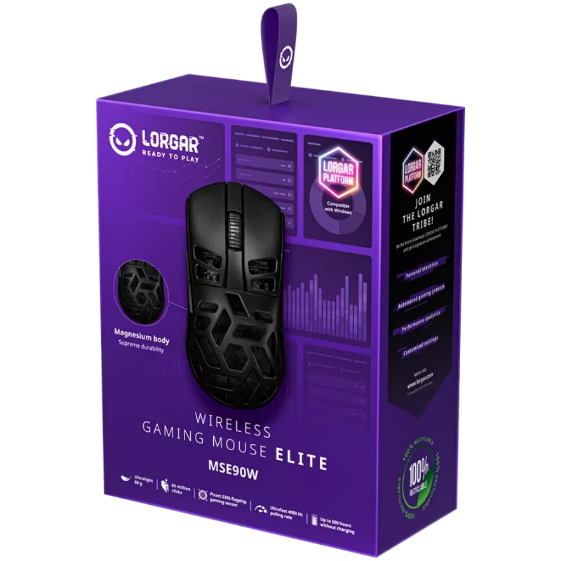 LORGAR MSE90W, lega di magnesio mouse da gaming wireless Elite, nero
