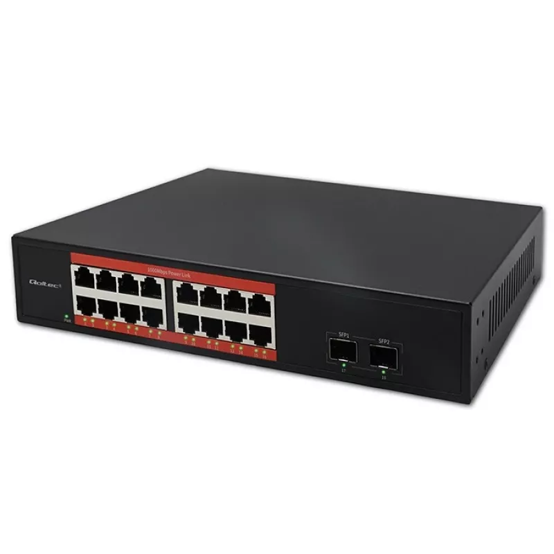 Switch di rete QOLTEC 52364 — Gigabit Ethernet PoE 16xRJ45, 2xSFP