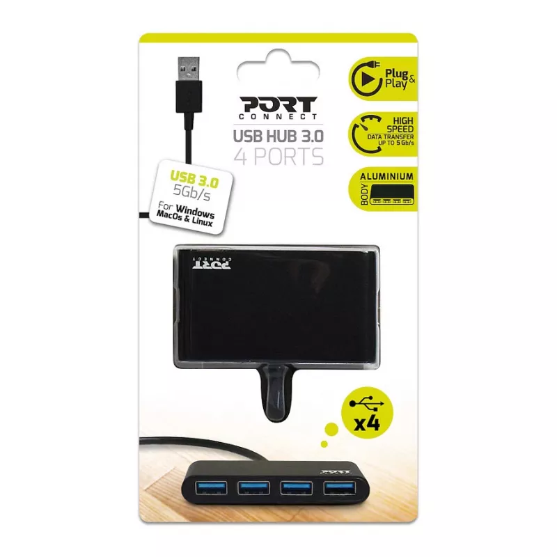 Hub USB Port Designs 900121 USB 3.2 Gen 1 Type-A 5000 Mbit/s nero