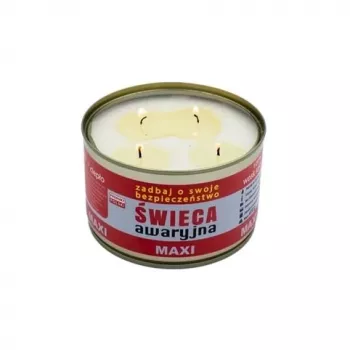 Candela di sopravvivenza per emergenze FULER HASKE Pro MAXI 410 g – cera di soia naturale, durata 72 h, 99 mm × 65 mm, scatola in acciaio