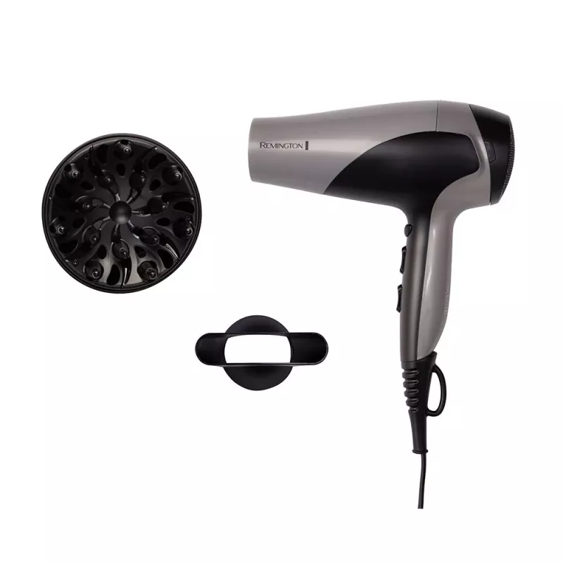 Asciugacapelli Remington D3190S — 2200 W, ionico, 3 livelli di calore, 2 velocità, getto freddo, diffusore e concentratore (argento/nero)
