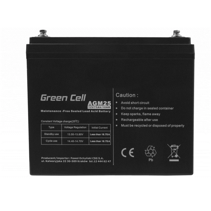 Batteria per UPS piombo-acido sigillata Green Cell AGM25 12 V 75 Ah, VRLA, 75 Ah, 12 V, 21,3 kg