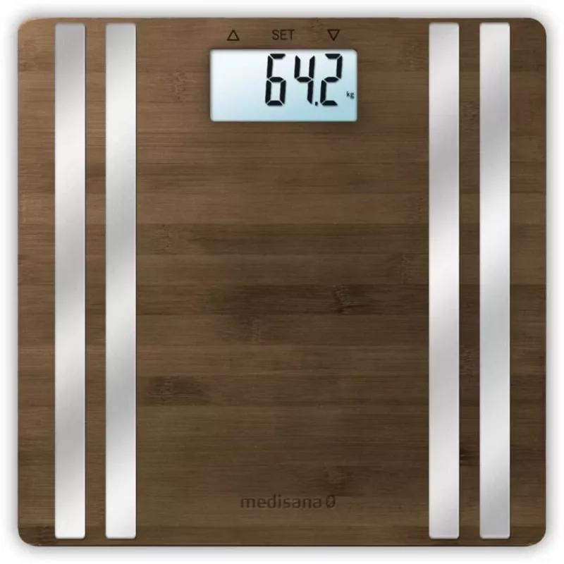 Bilancia pesapersone elettronica Medisana BS 552 — color argento con superficie in bambù, max 180 kg, precisione 100 g, Bluetooth, BMI, composizione corporea