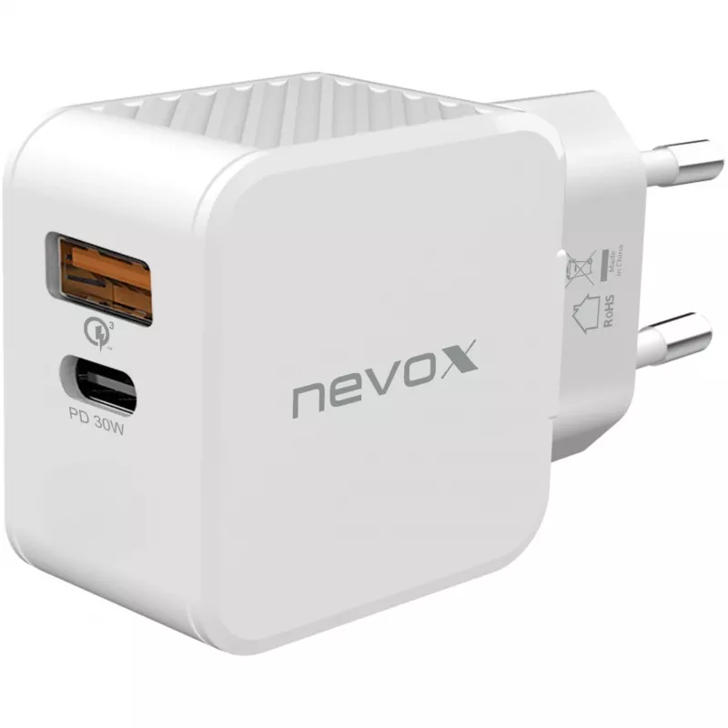 nevox caricabatterie USB PD Type-C + USB QC 3.0 30 Watt bianco (2009)