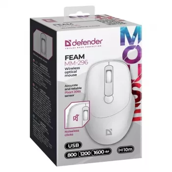 Mouse wireless DEFENDER 52297 Silent Click – ambidestro, 2,4 GHz nano-USB, 1600 DPI, bianco
